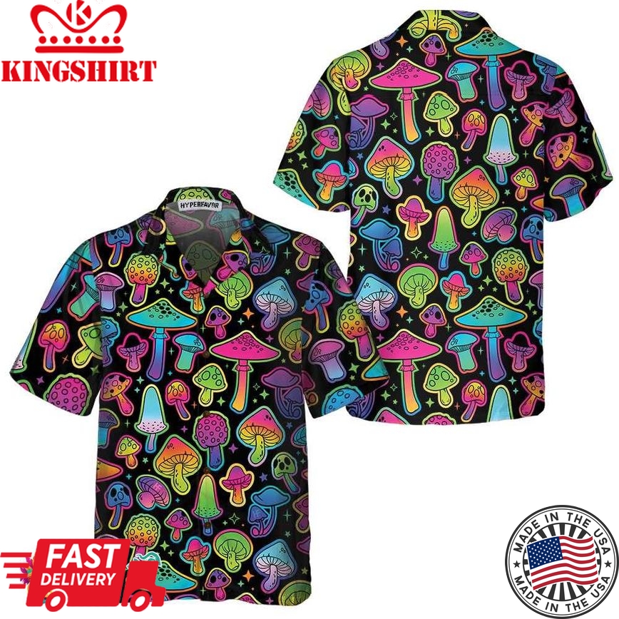 Psychedelic Mushroom Pattern Hawaiian Shirt, Printed Trippy Mushroom Shirt For Men & Women