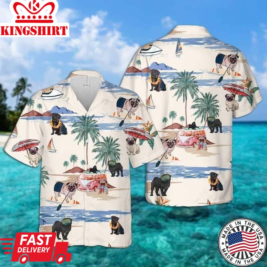 Pug Beach Summer Trendy Hawaiian Shirt, Dog Beach Short Sleeve Trendy Hawaiian Shirt