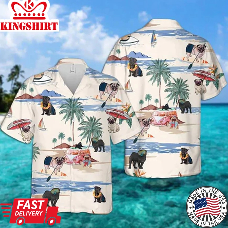 Pug Beach Summer Trendy Hawaiian Shirt, Trendy Hawaiian Shirts For Men Women Short Sleeve Aloha Beach Shirt