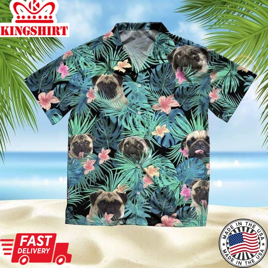 Pug Dog Summer Leaves Trendy Hawaiian Shirt, Pug Lover Trendy Hawaiian Shirt, Aloha Shirt For Dog Lover Summer Gifts