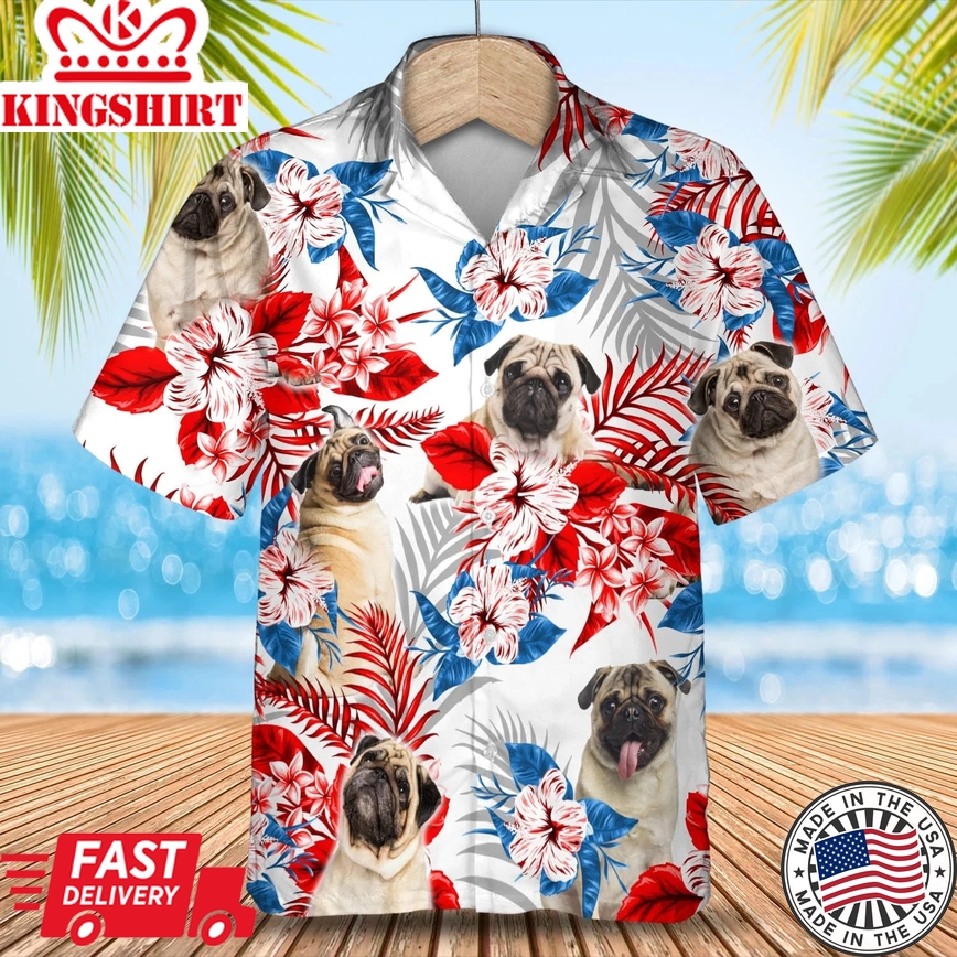 Pug Flower American Flag Trendy Hawaiian Shirt, Summer Aloha Shirt, Men Trendy Hawaiian Shirt, Gift For Summer