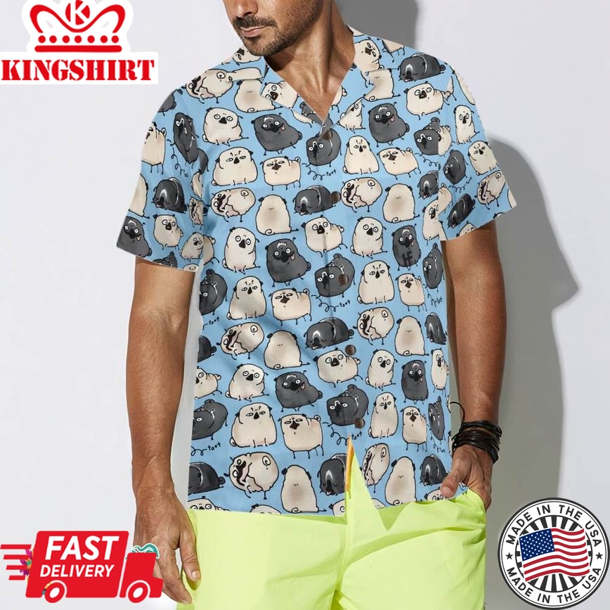 Pug Poses Blue Shirt For Men Hawaiian Shirt