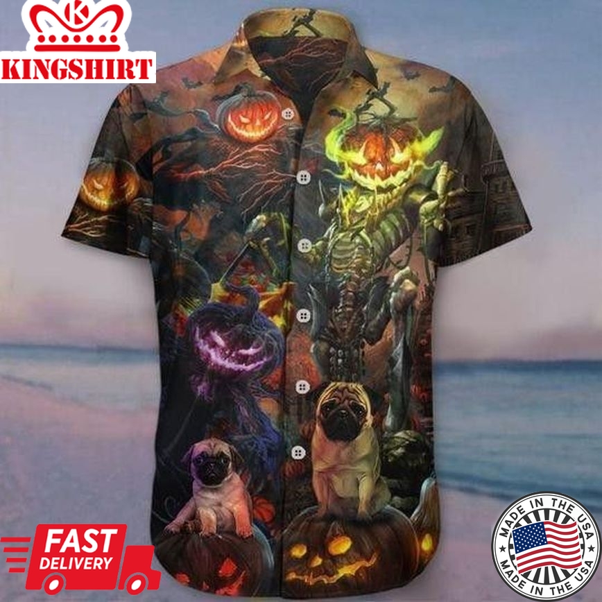 Pug Pumpkin King Halloween Trendy Hawaiian Shirt, Pug Lover Trendy Hawaiian Shirt, Aloha Shirt For Dog Lover