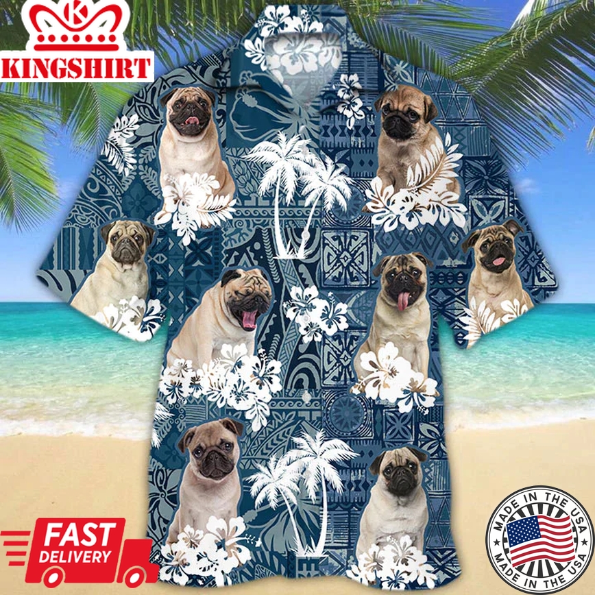 Pug Trendy Hawaiian Shirt, Beach Floral Dog Short Sleeve Hawaiian Aloha Shirt, Summer Trendy Hawaiian Shirt For Men, Women