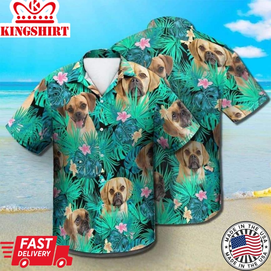 Puggle Dog Summer Leaves Trendy Hawaiian Shirt, Pug Lover Trendy Hawaiian Shirt, Aloha Shirt For Dog Lover Summer Gifts