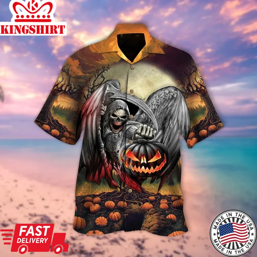 Pumpkin And Skull Lantern Halloween Trendy Hawaiian Shirt, Unisex Print Aloha Short Sleeve Casual Shirt