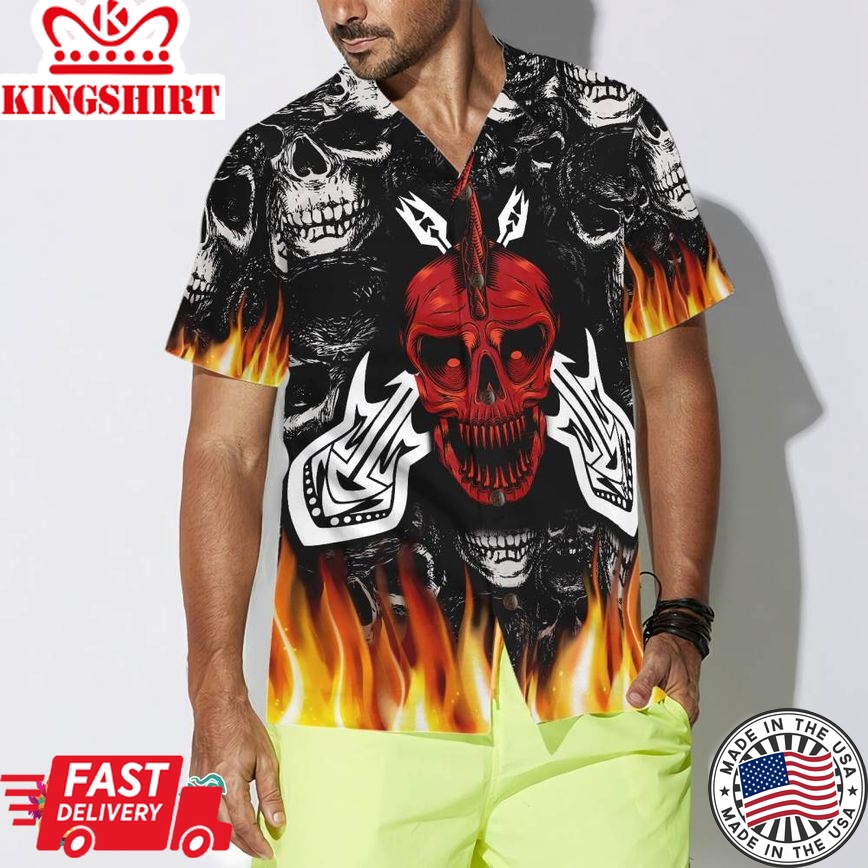 Punk Rock Never Dies Gothic Hawaiian Shirt, Flame Electric Guitar Crossbones And Skull Hawaiian Shirt