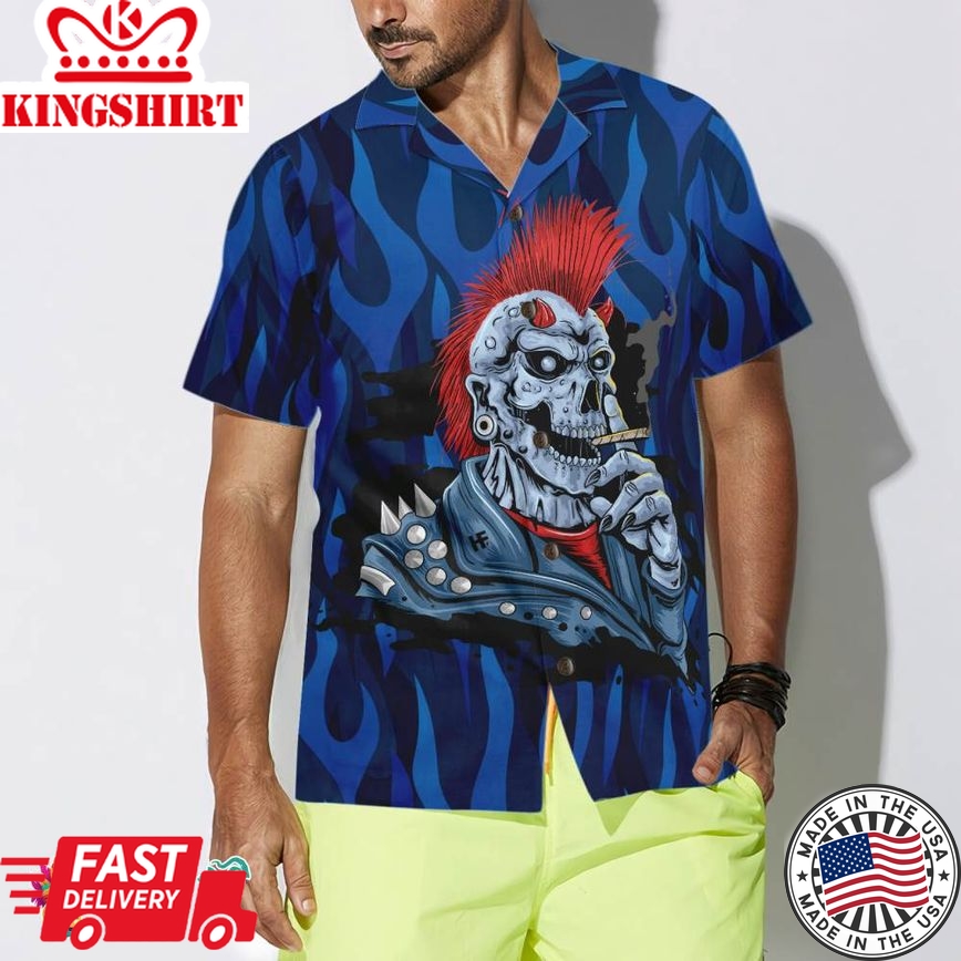 Punk Rock Skull Electric Guitar Hawaiian Shirt, Blue Flame Pattern Skull Rocker Hawaiian Shirt For Men