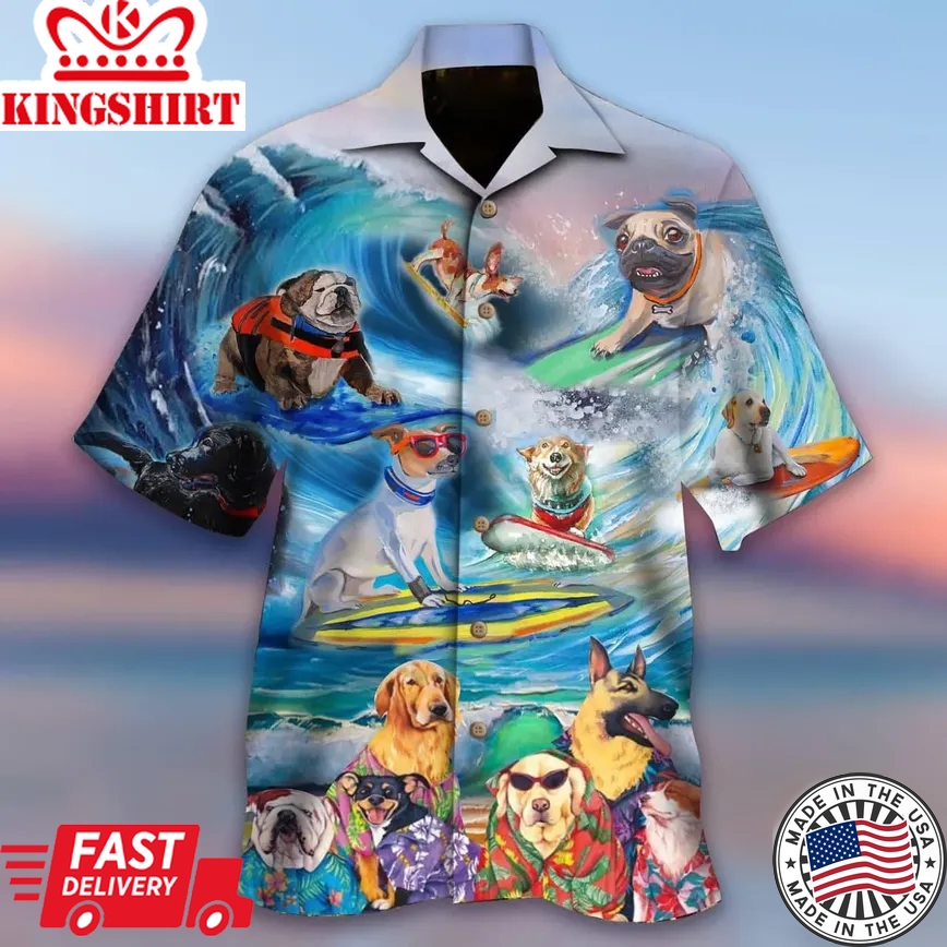 Puppies Surfing By The Beach Trendy Hawaiian Shirt