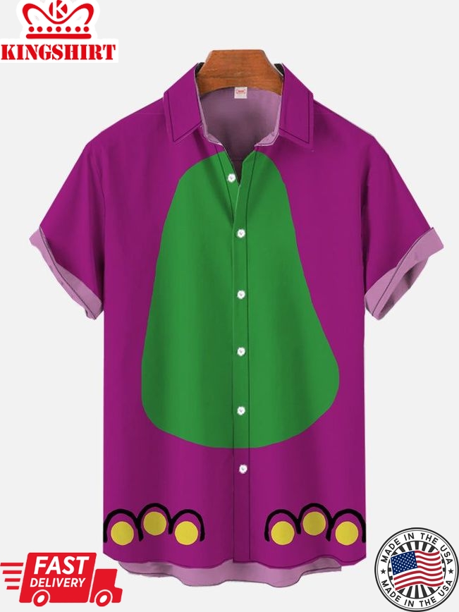 Purple And Green Stitching Cartoon Dinosaur Costume Short Sleeve Aloha Hawaiian Shirt