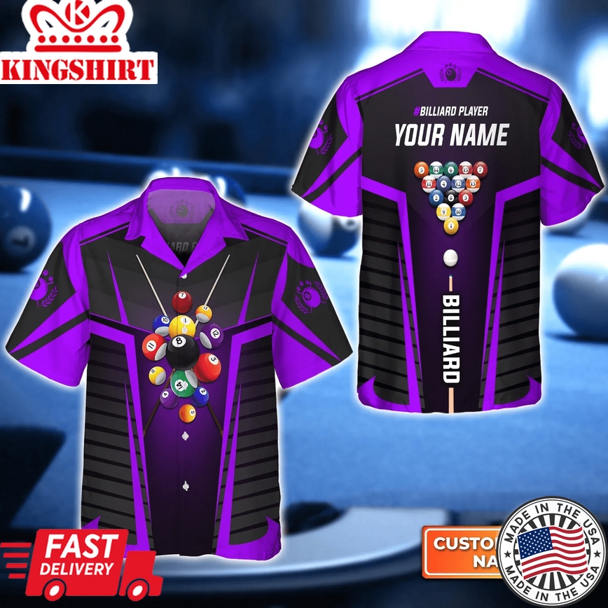 Purple Billiard Balls Personalized Name 3D Trendy Hawaiian Shirt, Billiard Team Shirt, Summer Shirt Gift For Billiard Lover