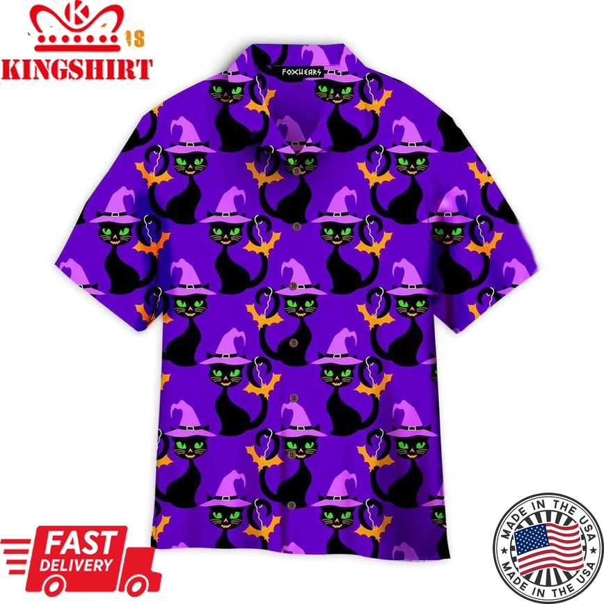 Purple Hallo Cat With Witch Hat, Cat Trendy Hawaiian Shirt Perfect Gifts For Your Loved Ones