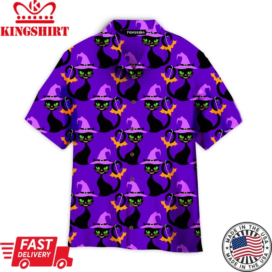 Purple Hallo Cat With Witch Hat Pattern Trendy Hawaiian Shirt