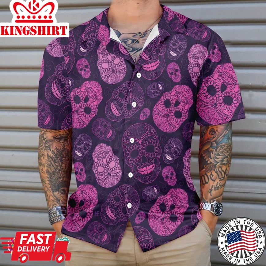 Purple Midnight Sugar Skull Hawaiian Shirt, Unique Day Of The Dead Skull Shirt For Men And Women