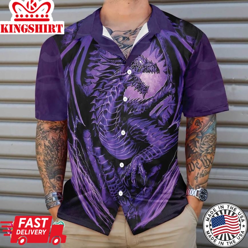 Purple Neon Dragon Hawaiian Shirt, Black And Purple Dragon Shirt, Best Gift For Dragon Lovers