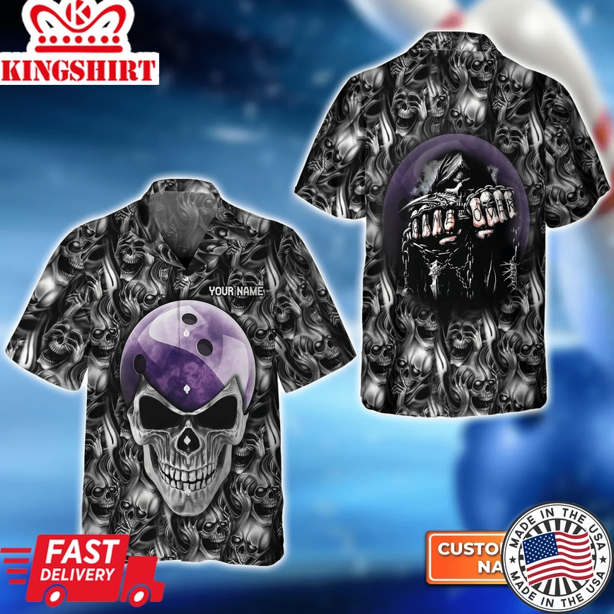 Purple Skull Bowling Ball 3D Trendy Hawaiian Shirt, Bowling Trendy Hawaiian Shirt For Men, Women, Bowling Team Shirt