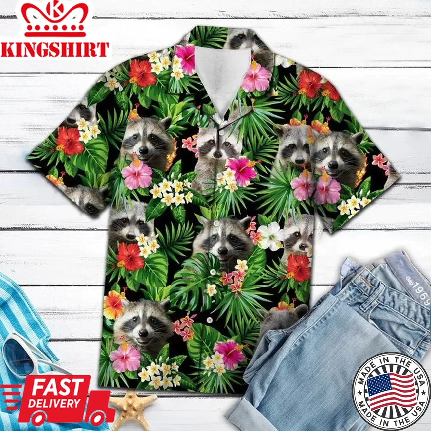 Raccoon Among Vivid Flowers And Leaves Trendy Hawaiian Shirt