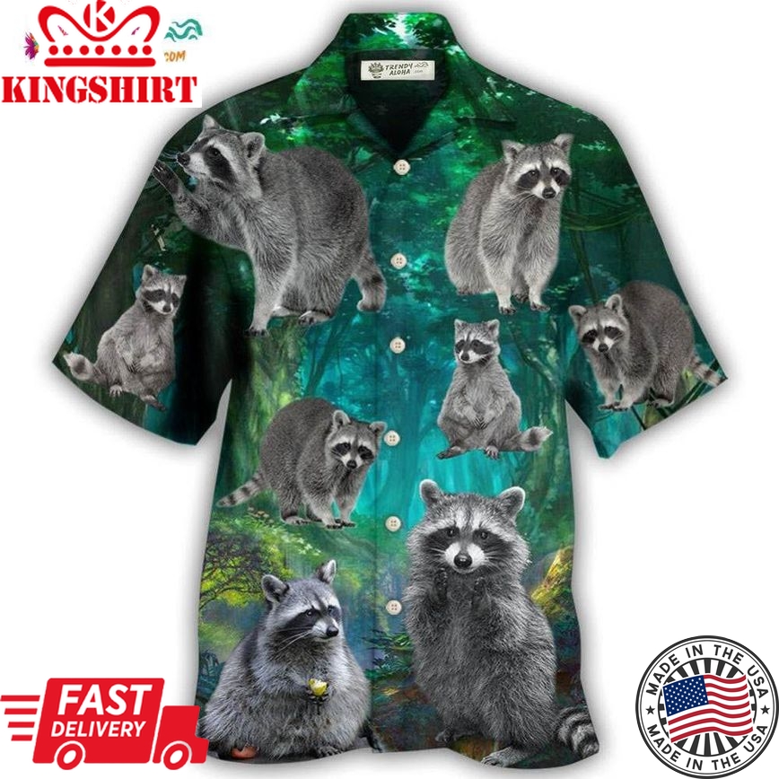 Raccoon Style With Green Hawaiian Shirt