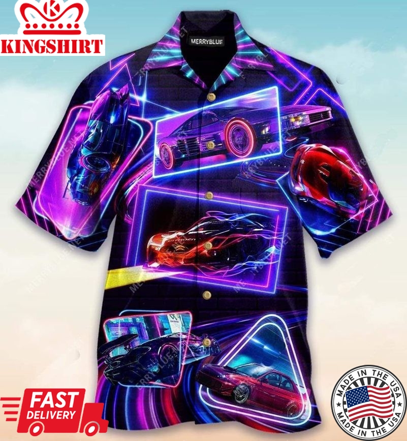 Racing Car Hawaiian Shirt Glowing Neon Racing Car Colorful Hawaii Aloha Shirt