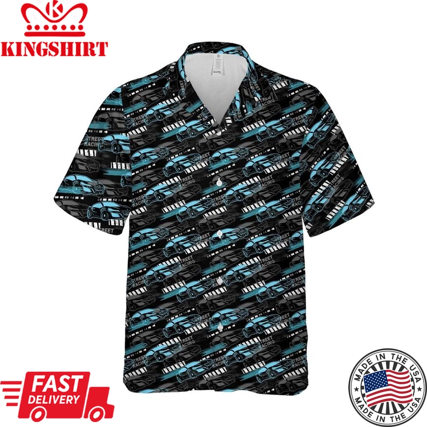 Racing Car Hawaiian Shirt Sport Cars Street Racing Pattern Black Blue Hawaii Aloha Shirt