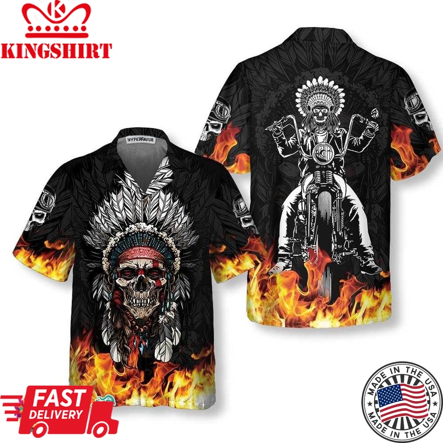 Racing Indian Skull Fire Hawaiian Shirt, Flame Skull Biker Shirt, Unique Native American Shirt