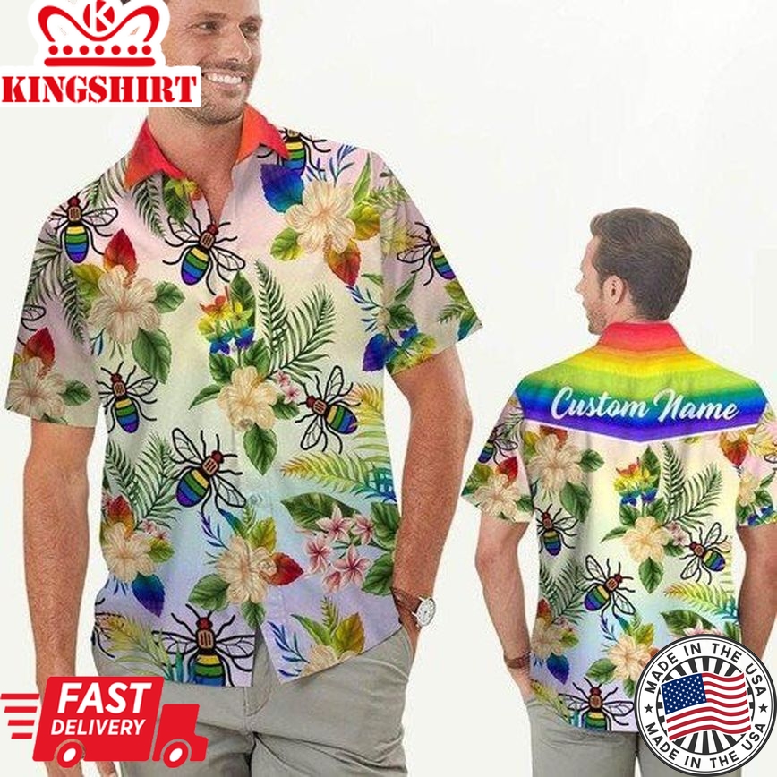 Rainbow Bee Hibiscus Lgbt Pride Custom Name Trendy Hawaiian Shirt, Lgbt Shirt, Lesbian Shirt, Gay Shirt