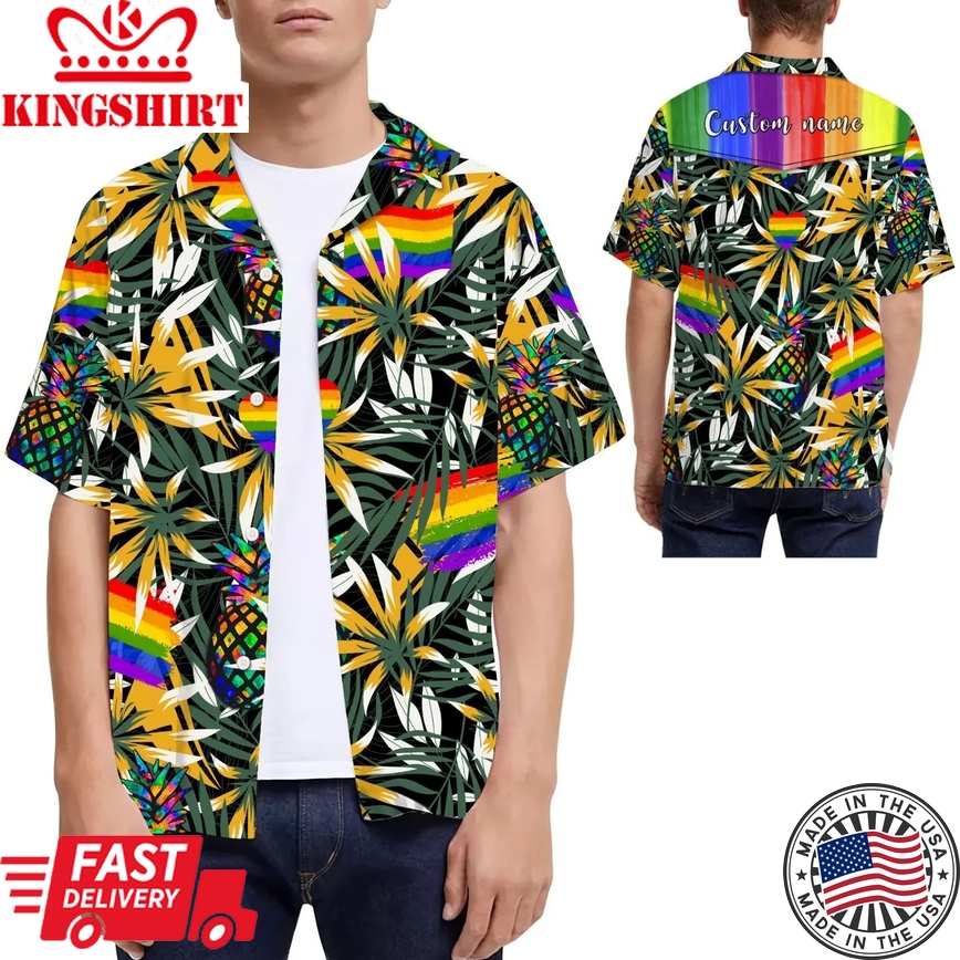 Rainbow Pineapples Tropical Leaves Custom Name Men Hawaiian Shirt For Lgbt Community