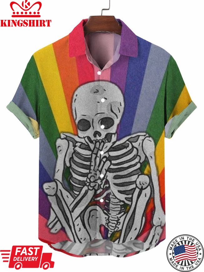 Rainbow Skull Print Short Sleeve Button Down Shirt