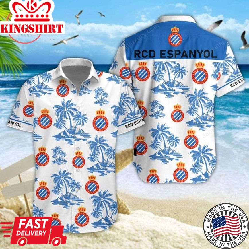 Rcd Espanyol Coconut Tree White Blue Trendy Hawaiian Shirt Aloha Shirt