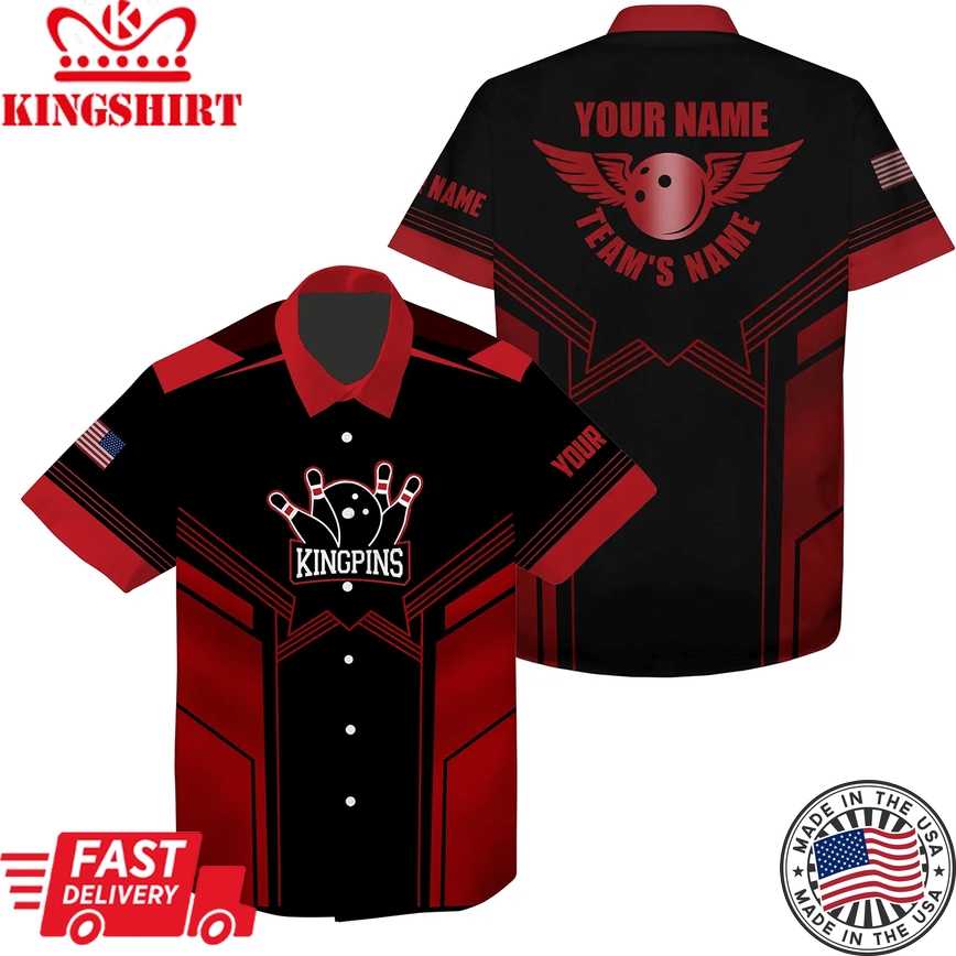 Red And Black Bowling Trendy Hawaiian Shirt For Men, Custom Name And Team Name Mens Bowling Team