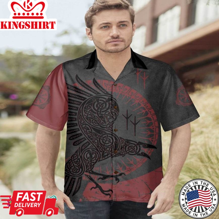 Red And Black Raven Viking Hawaiian Shirt, Unique Viking Raven Shirt For Men And Women