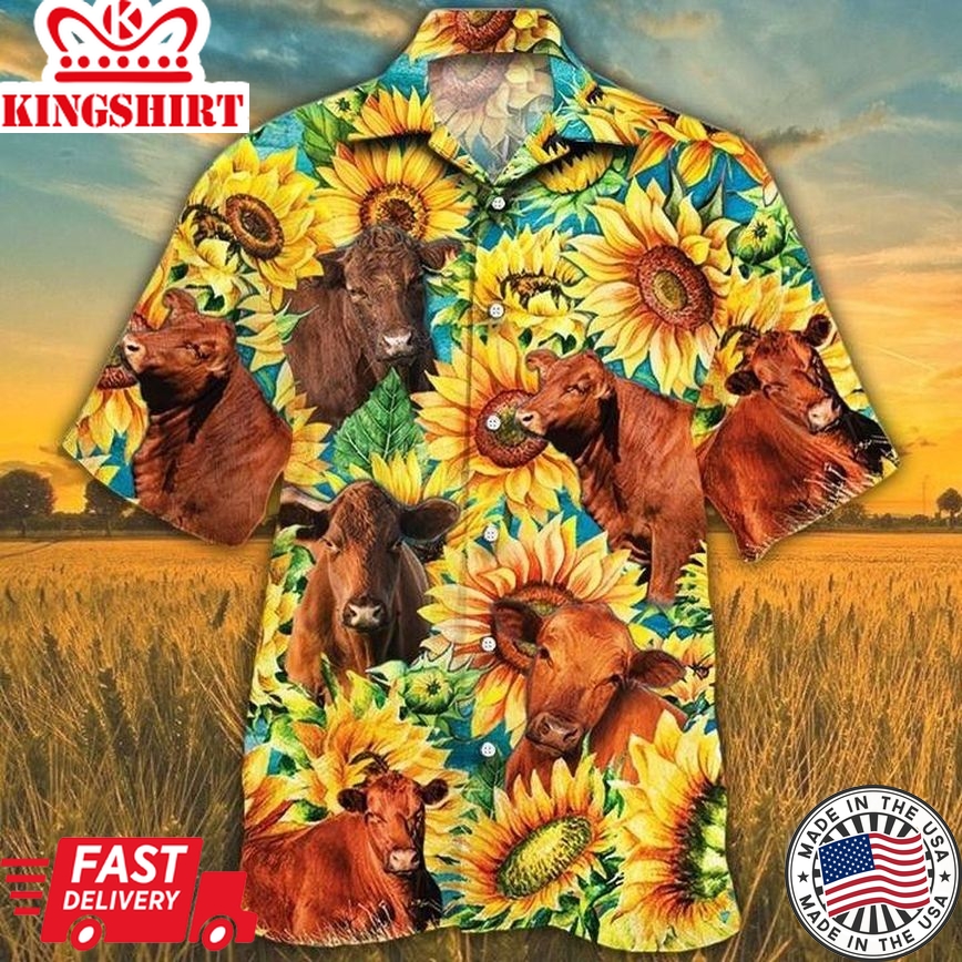 Red Angus Beach Shirt Yellow Full Print, Cow Trendy Hawaiian Shirt For Summer Gifts