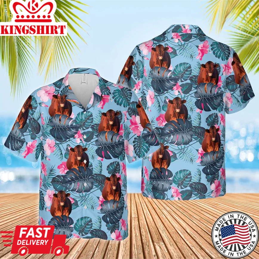 Red Angus Blue Hibiscus Trendy Hawaiian Shirt, Farm Cow Trendy Hawaiian Shirt For Men And Women