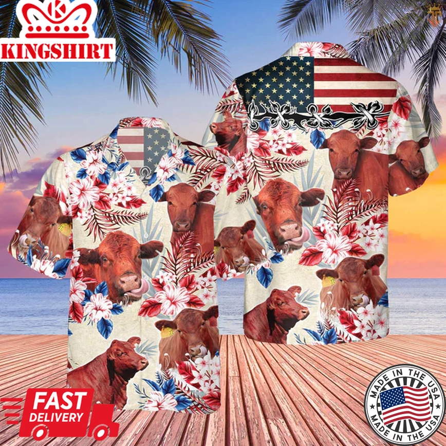 Red Angus Cattle American Flag Flowers Trendy Hawaiian Shirt, Farm Cow Trendy Hawaiian Shirt For Men And Women