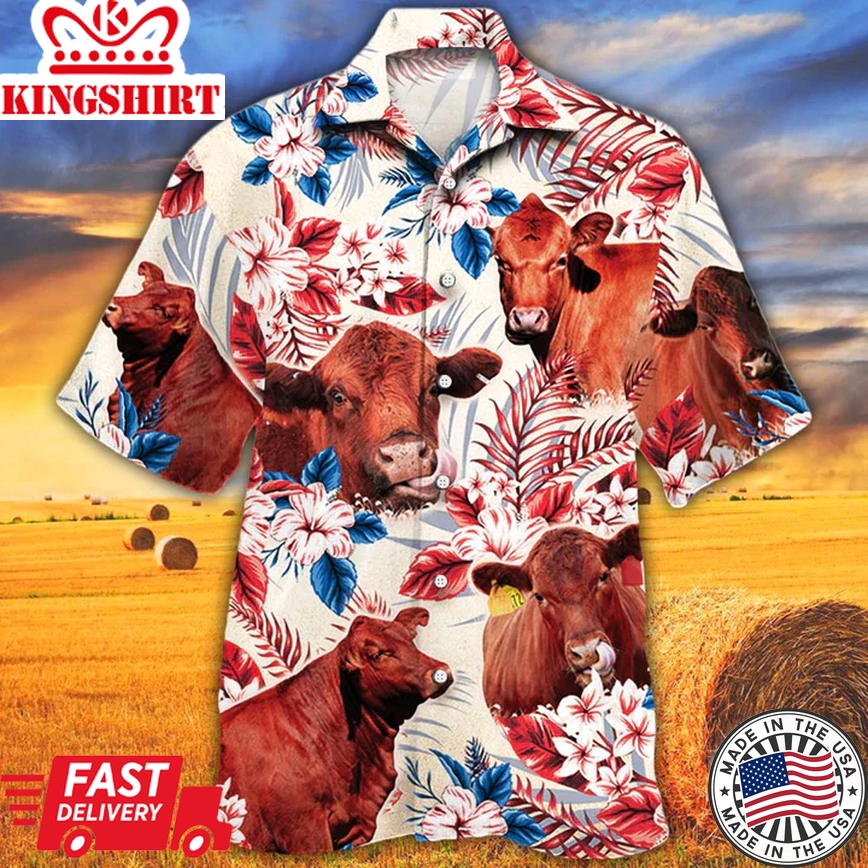 Red Angus Cattle Lovers American Flag Trendy Hawaiian Shirt, Cow Aloha Trendy Hawaiian Shirt