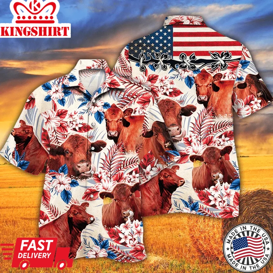 Red Angus Cattle Lovers American Flag Trendy Hawaiian Shirt, Cow Trendy Hawaiian Shirt For Summer Gifts