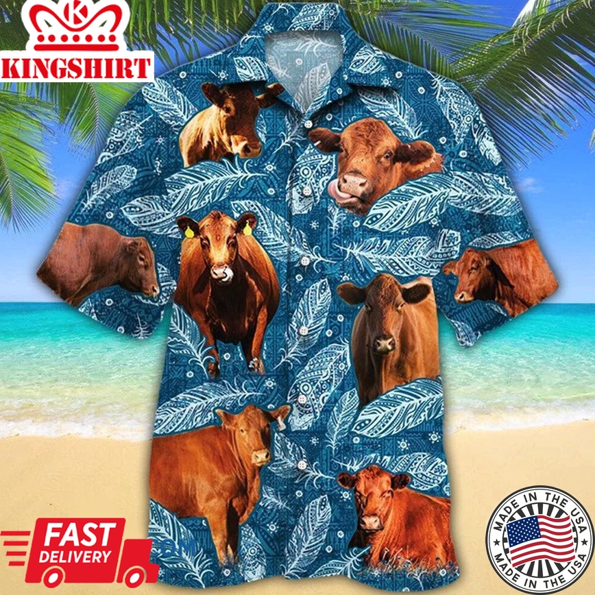 Red Angus Cattle Lovers Blue Feather Hawaii Trendy Hawaiian Shirt