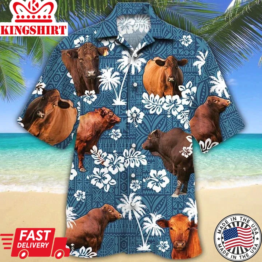 Red Angus Cattle Lovers Blue Tribal Trendy Hawaiian Shirt, Trendy Hawaiian Shirts For Men, Women