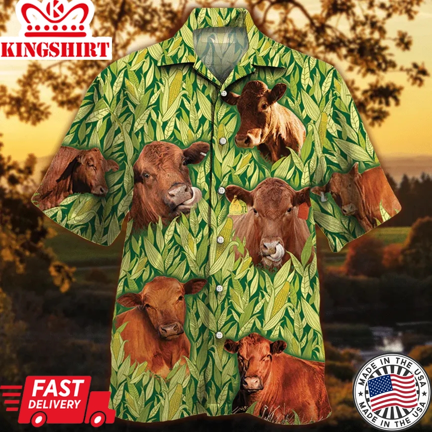 Red Angus Cattle Lovers Corn Pattern Trendy Hawaiian Shirt, Cow Trendy Hawaiian Shirt For Summer Gifts