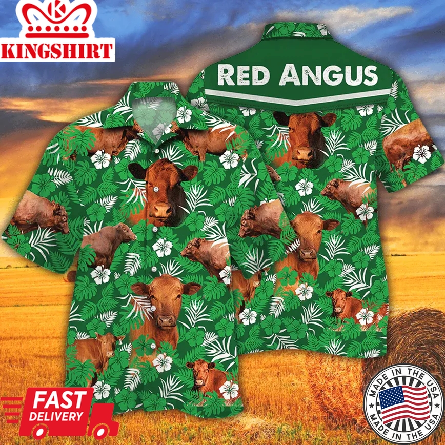 Red Angus Cattle Lovers Green Floral Pattern Trendy Hawaiian Shirt, Cow Trendy Hawaiian Shirt For Summer Gifts