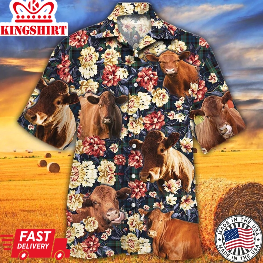 Red Angus Cattle Lovers Green Plaid Pattern Trendy Hawaiian Shirt