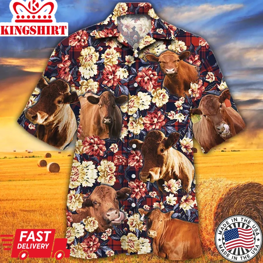 Red Angus Cattle Lovers Red Plaid Pattern Trendy Hawaiian Shirt, Cow Trendy Hawaiian Shirt For Summer Gifts