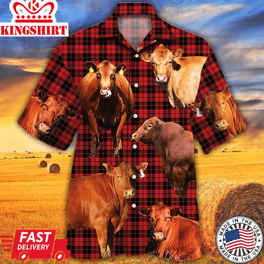 Red Angus Cattle Lovers Red Tartan Pattern Trendy Hawaiian Shirt - Animal Trendy Hawaiian Shirt, Cow Aloha Shirt, Gift For Cow Lovers