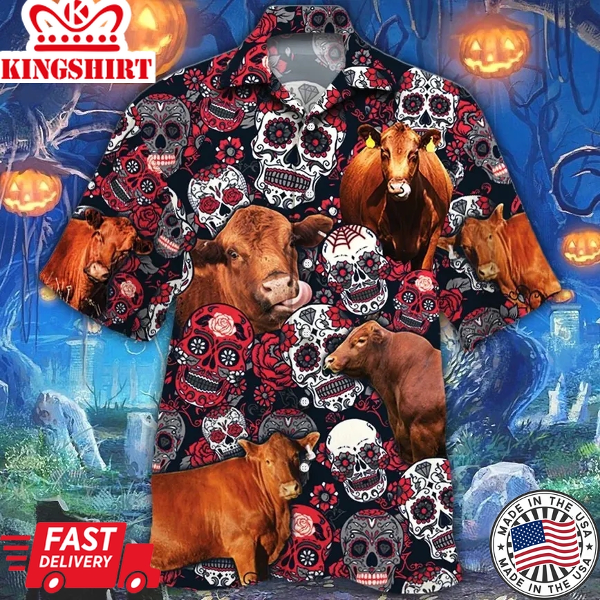 Red Angus Cattle Lovers Sugar Skull Floral Trendy Hawaiian Shirt