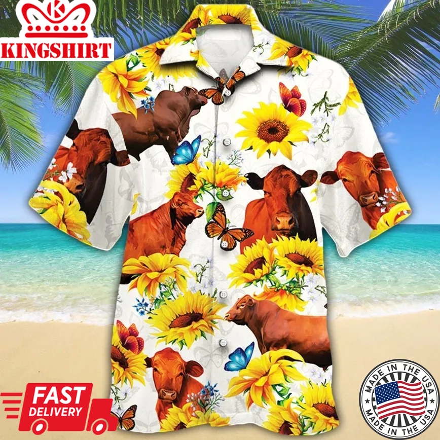 Red Angus Cattle Lovers Sun Flower Trendy Hawaiian Shirt