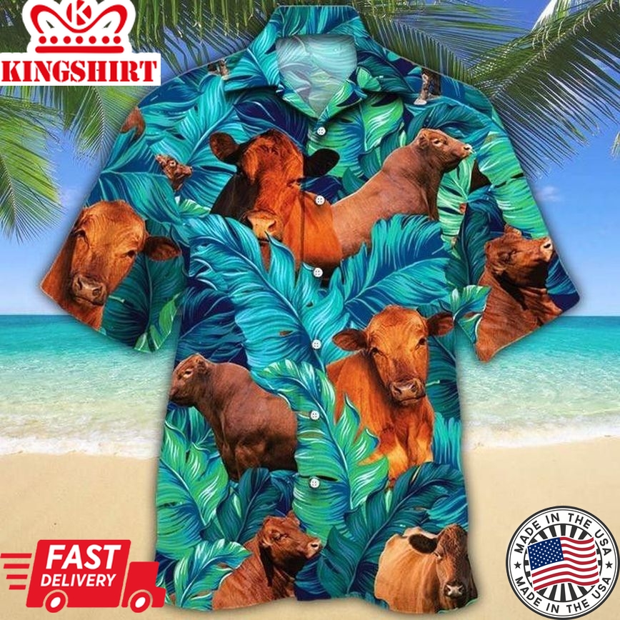 Red Angus Cattle Lovers Sunflower Beach Shirt Green, Cow Trendy Hawaiian Shirt For Summer Gifts