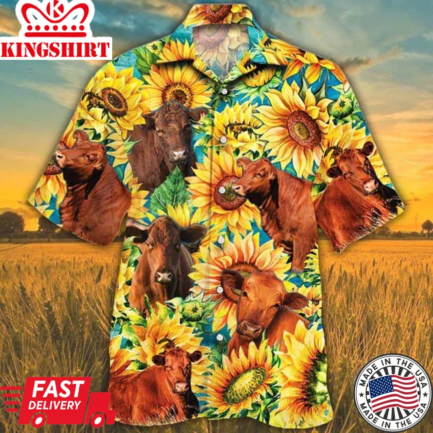 Red Angus Cattle Lovers Sunflower Watercolor Trendy Hawaiian Shirt, Cow Trendy Hawaiian Shirts For Men, Women