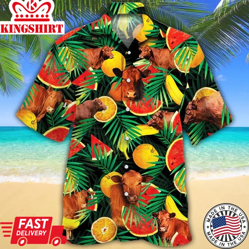 Red Angus Cattle Lovers Tropical Fruits Trendy Hawaiian Shirt, Cow Trendy Hawaiian Shirt For Summer Gifts