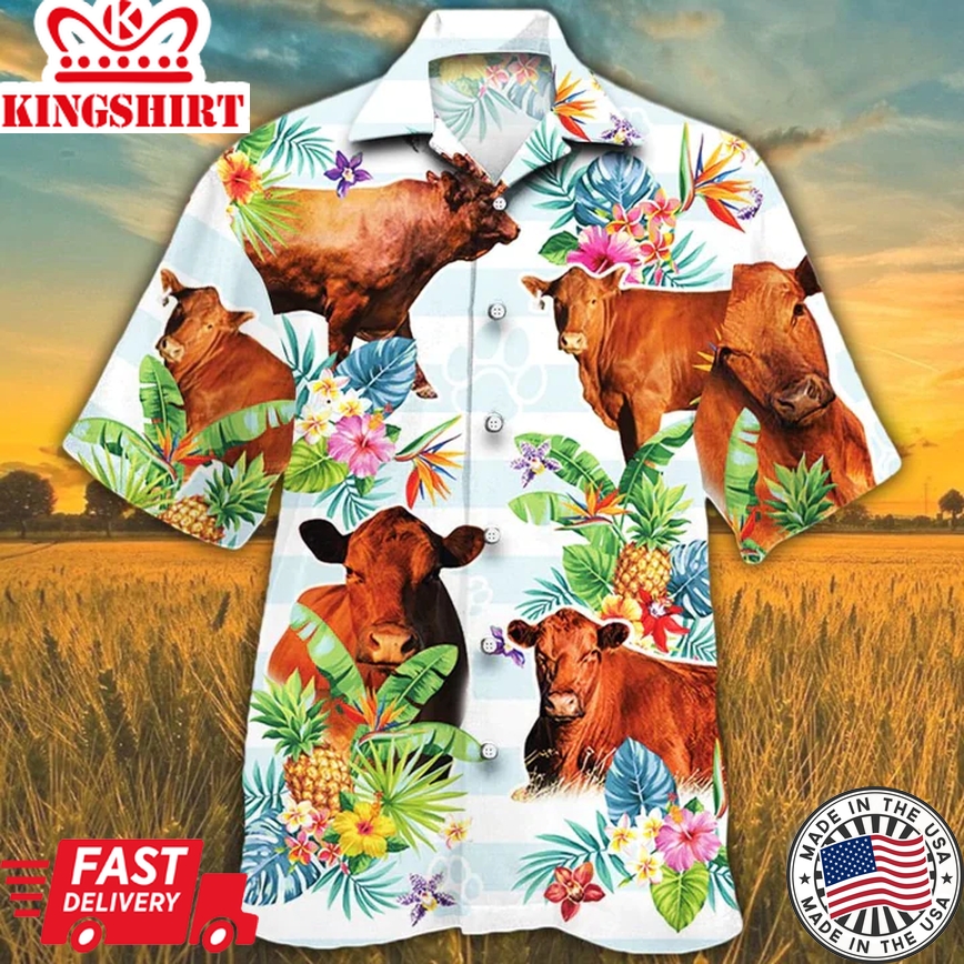 Red Angus Cattle Tropical Flower Trendy Hawaiian Shirt For Men, Women, Cow Summer Trendy Hawaiian Shirt