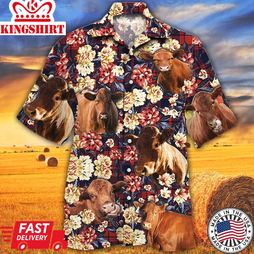 Red Angus Trendy Hawaiian Shirt, Summer Trendy Hawaiian Shirt, Animal Shirt, Cow Cattle Green Plaid Pattern Trendy Hawaiian Shirt